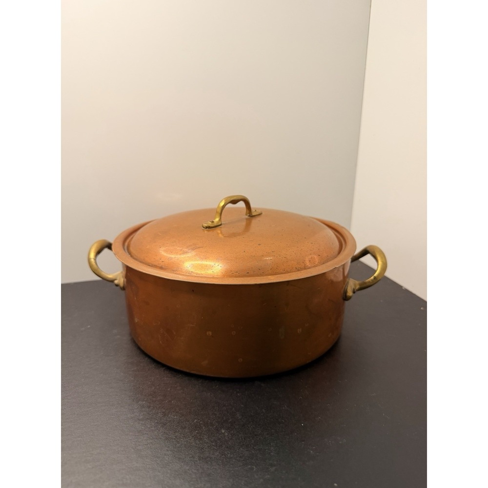 Vintage Italian Copper Casserole Pot with Lid & Brass Handles - Made in Italy
